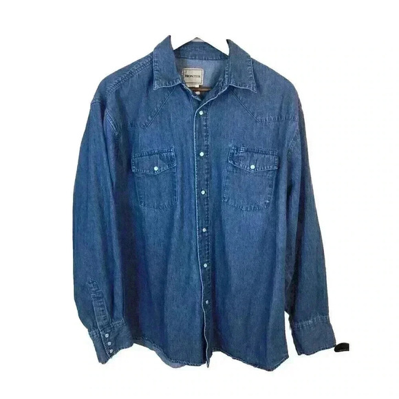 Frontier Western Cowboy Mens XL Blue Denim Pearl Snap Shirt L/S - Picture 1 of 5